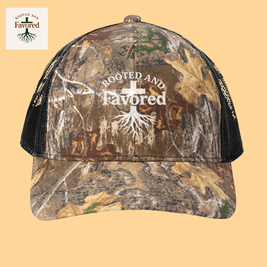 Russell Outdoor Camo Snapback Trucker Cap "Rooted And Favored"