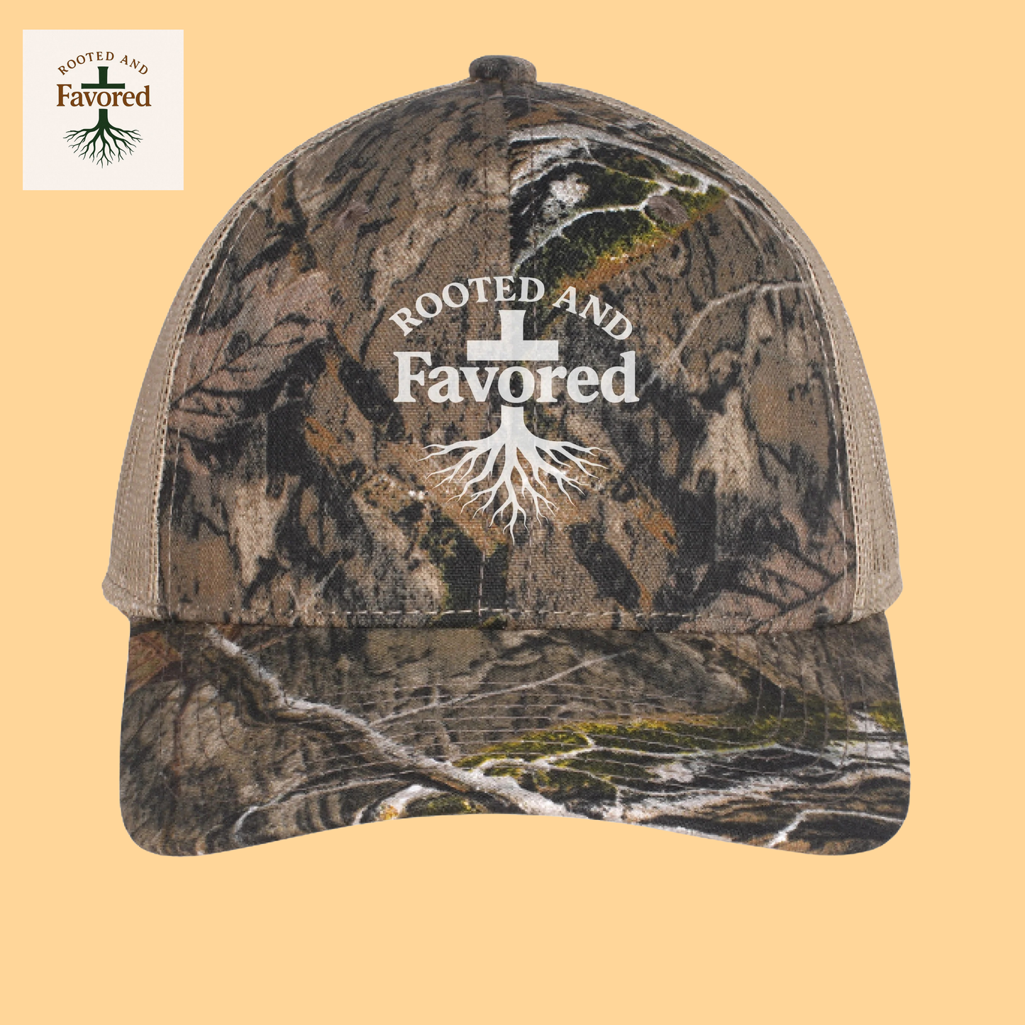 Russell Outdoor Camo Snapback Trucker Cap "Rooted And Favored"