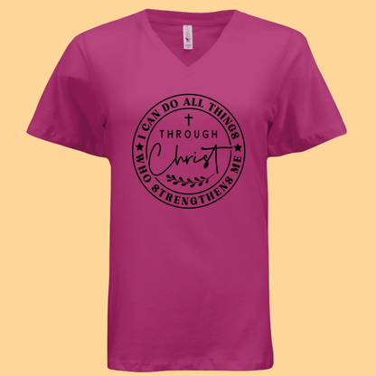 Women's Relaxed Jersey Short-Sleeve V-Neck T-Shirt "I Can Do All Things Through Christ Who Strengthens Me"