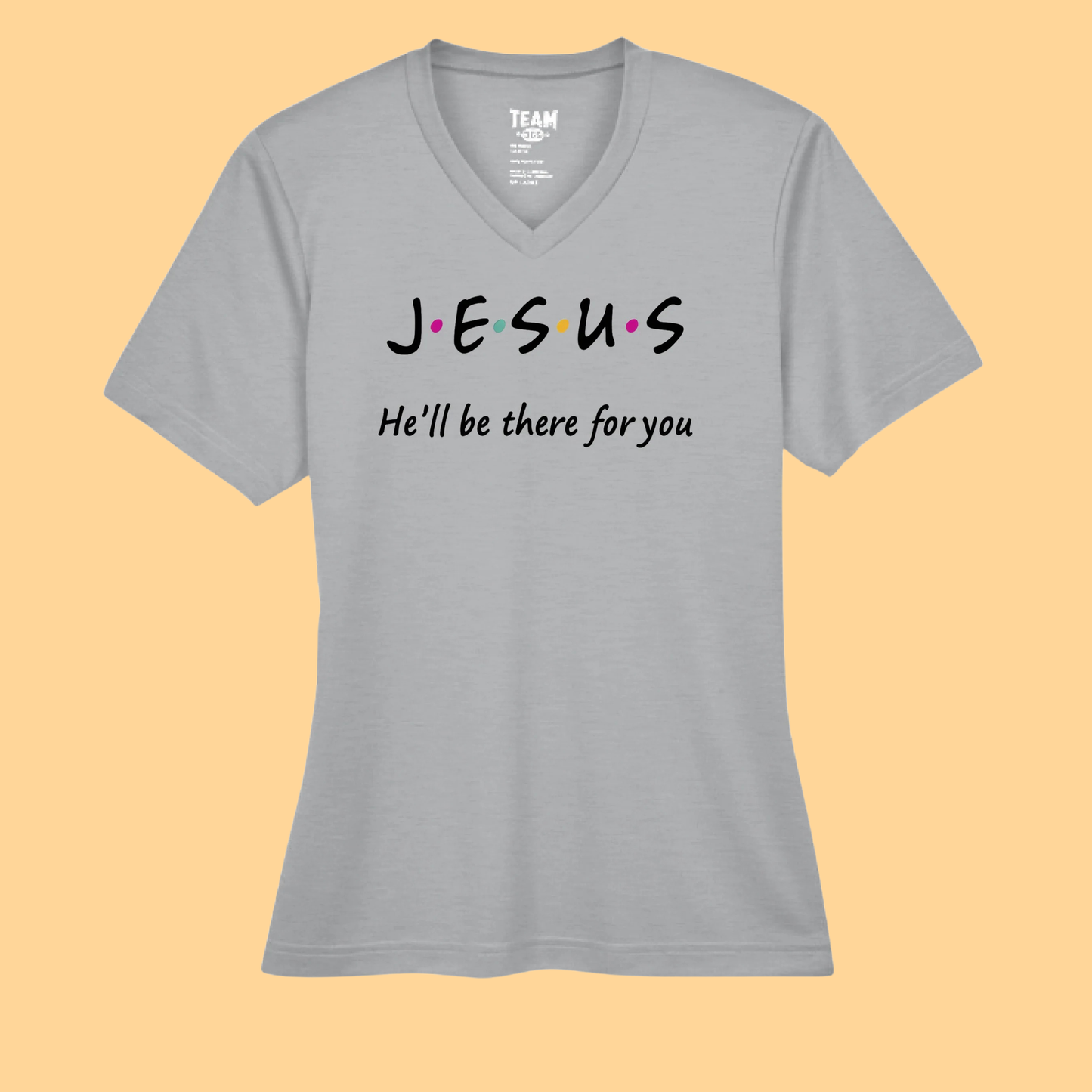 Sonic Heather Performance V Neck T-Shirt "Jesus-He Will Be There For You"