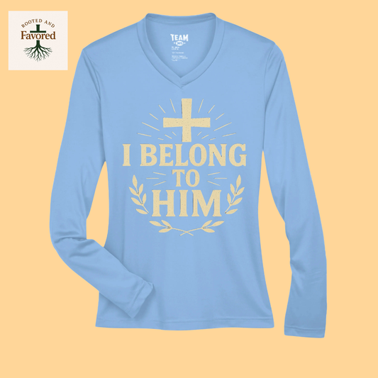 Women's Zone Performance Long-Sleeve V-Neck Shirt "I Belong To Him"