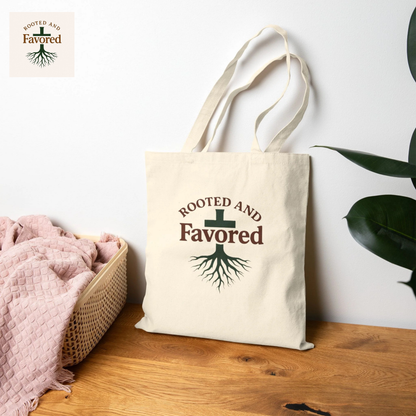 Rooted and Favored Cotton Canvas Tote Bag | Eco-Friendly Shopping Bag | Faith-Inspired Gift | Christian Tote | Sustainable Accessory