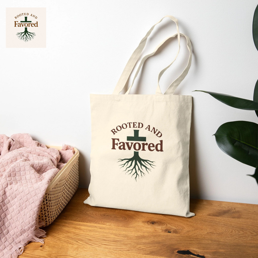 Rooted and Favored Cotton Canvas Tote Bag | Eco-Friendly Shopping Bag | Faith-Inspired Gift | Christian Tote | Sustainable Accessory