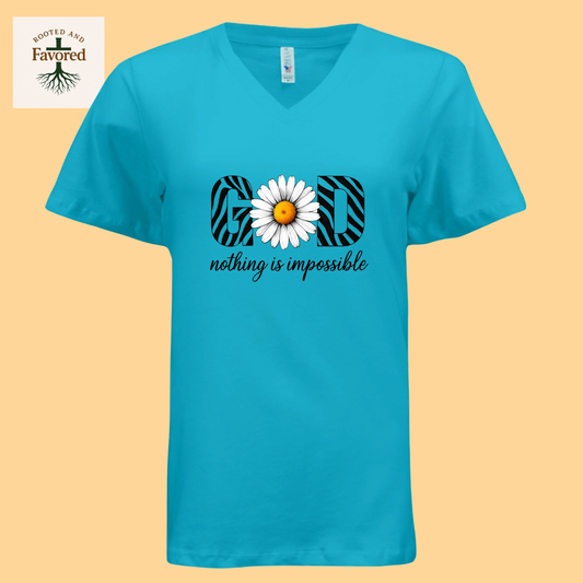 Ladies Bella Relaxed Jersey Short Sleeve V-Neck T-Shirt "God.. Nothing Is Impossible"