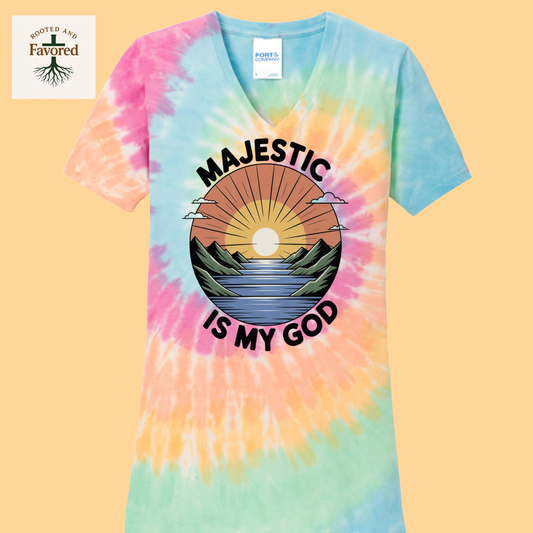 Women's Port & Company Tie-Dye V-Neck T-Shirt "Majestic is my God"
