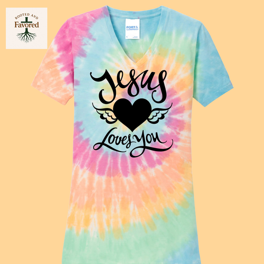 Women's Port & Company Tie-Dye V-Neck T-Shirt "Jesus Loves You"