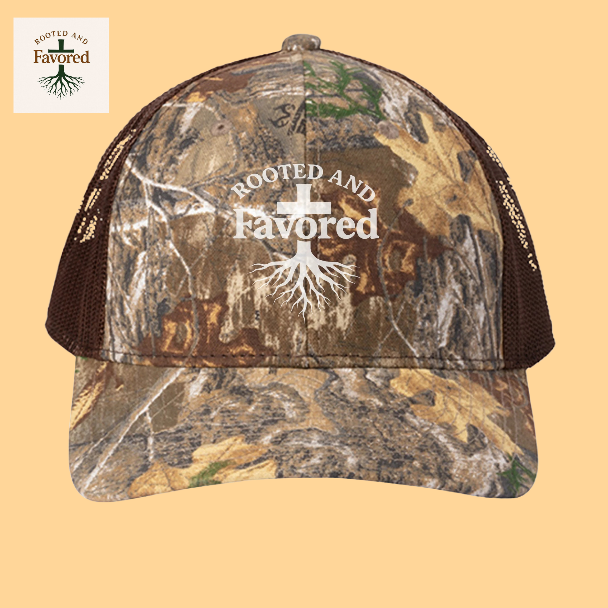 Russell Outdoor Camo Snapback Trucker Cap "Rooted And Favored"