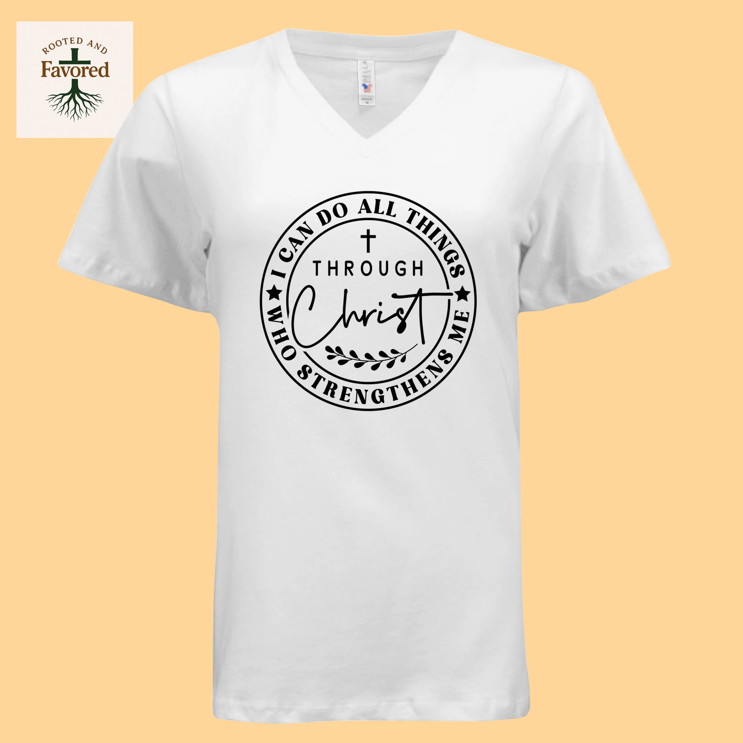 Women's Relaxed Jersey Short-Sleeve V-Neck T-Shirt "I Can Do All Things Through Christ Who Strengthens Me"