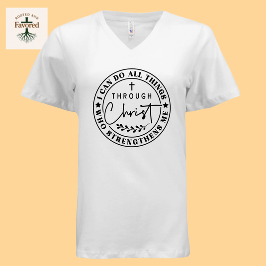 Women's Relaxed Jersey Short-Sleeve V-Neck T-Shirt "I Can Do All Things Through Christ Who Strengthens Me"