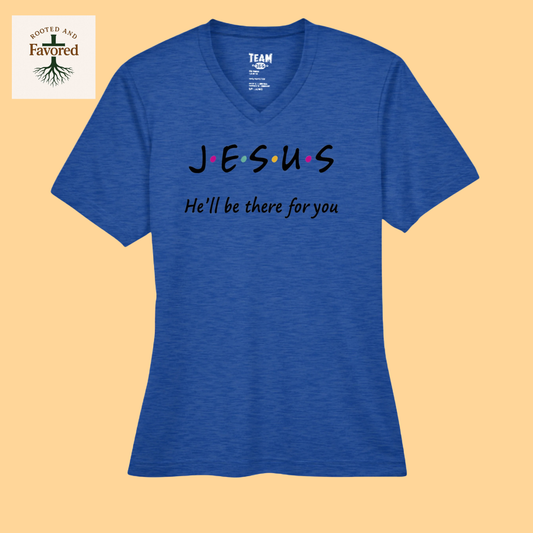 Sonic Heather Performance V Neck T-Shirt "Jesus-He Will Be There For You"