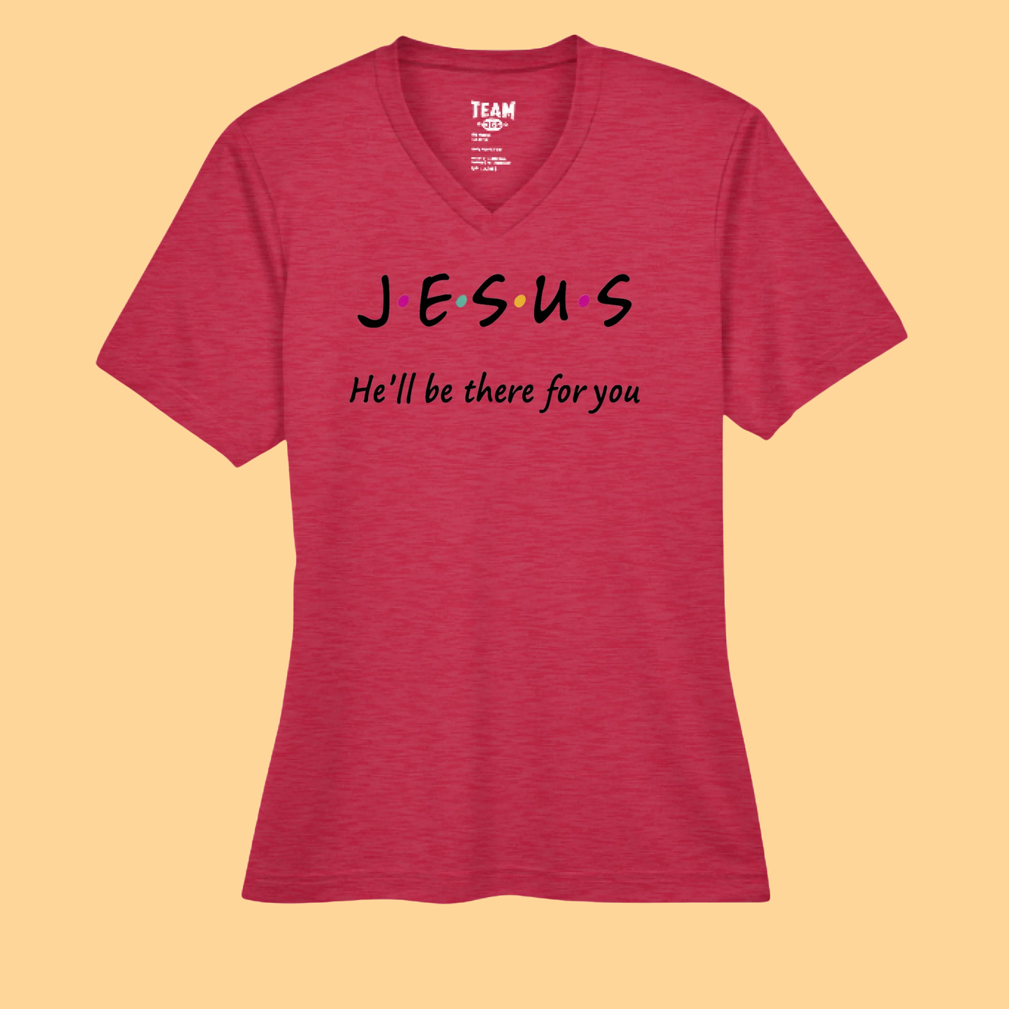 Sonic Heather Performance V Neck T-Shirt "Jesus-He Will Be There For You"