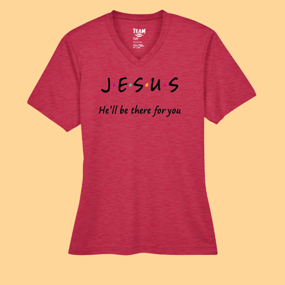 Sonic Heather Performance V Neck T-Shirt "Jesus-He Will Be There For You"