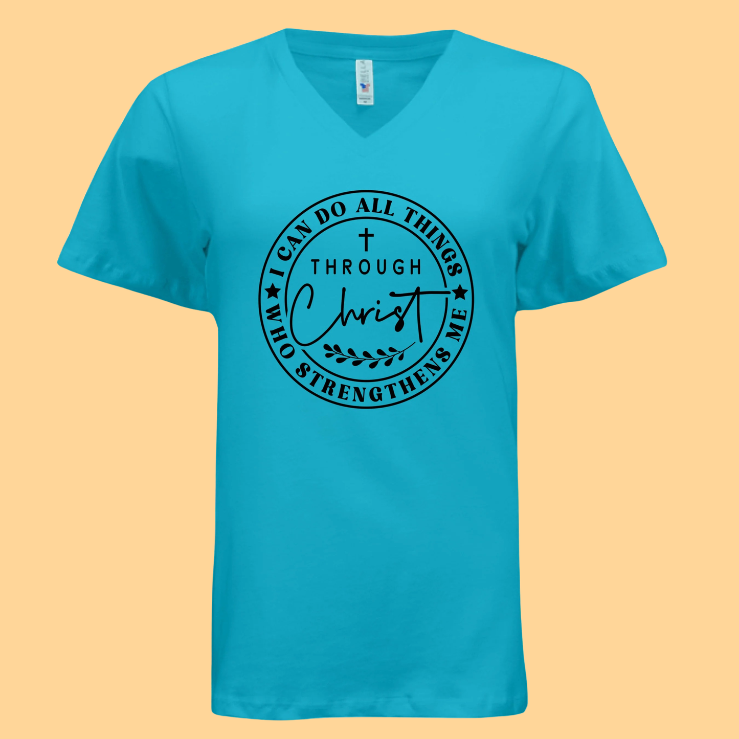 Women's Relaxed Jersey Short-Sleeve V-Neck T-Shirt "I Can Do All Things Through Christ Who Strengthens Me"