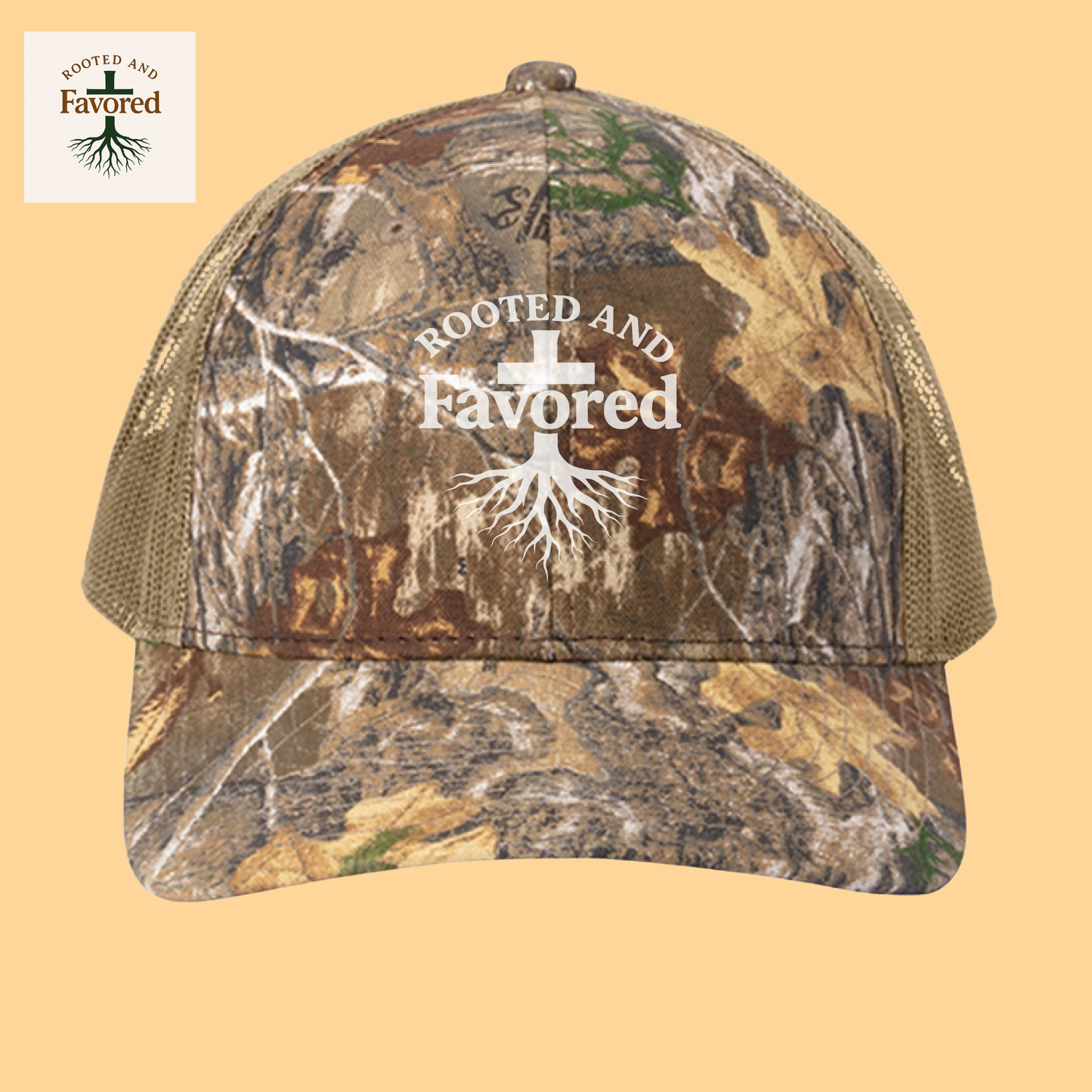 Russell Outdoor Camo Snapback Trucker Cap "Rooted And Favored"