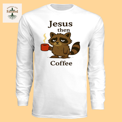 Women's Long Sleeve Performance Crew Shirt "Jesus then Coffee"
