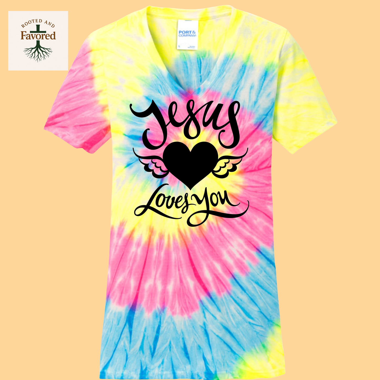Women's Port & Company Tie-Dye V-Neck T-Shirt "Jesus Loves You"