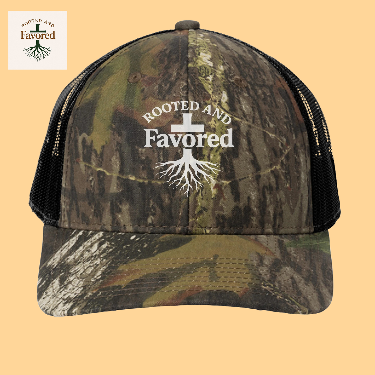Russell Outdoor Camo Snapback Trucker Cap "Rooted And Favored"