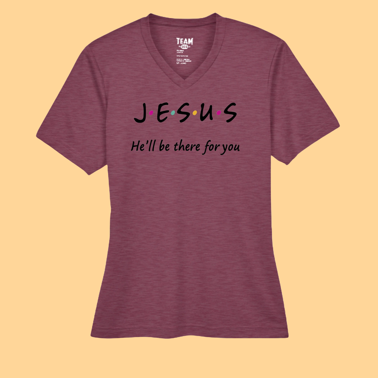 Sonic Heather Performance V Neck T-Shirt "Jesus-He Will Be There For You"
