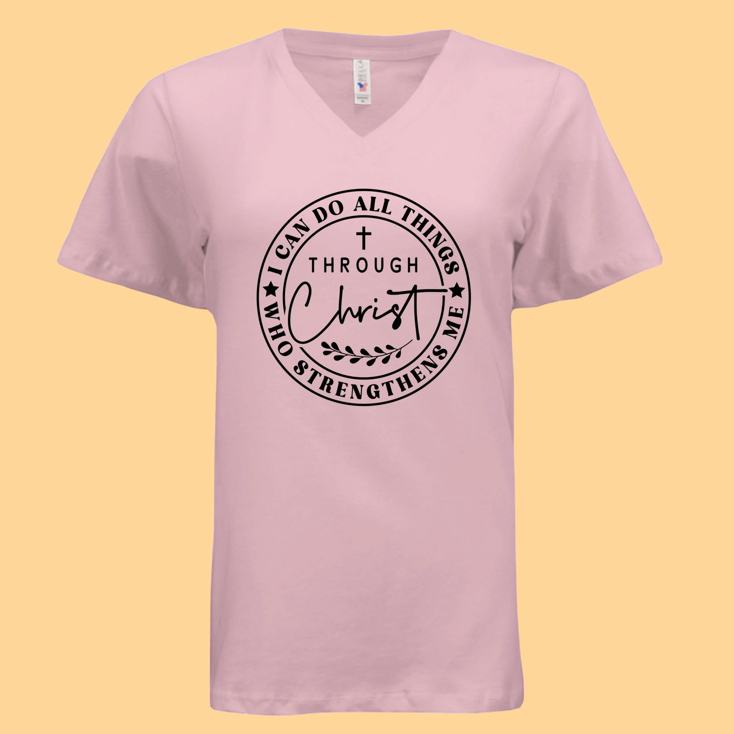 Women's Relaxed Jersey Short-Sleeve V-Neck T-Shirt "I Can Do All Things Through Christ Who Strengthens Me"