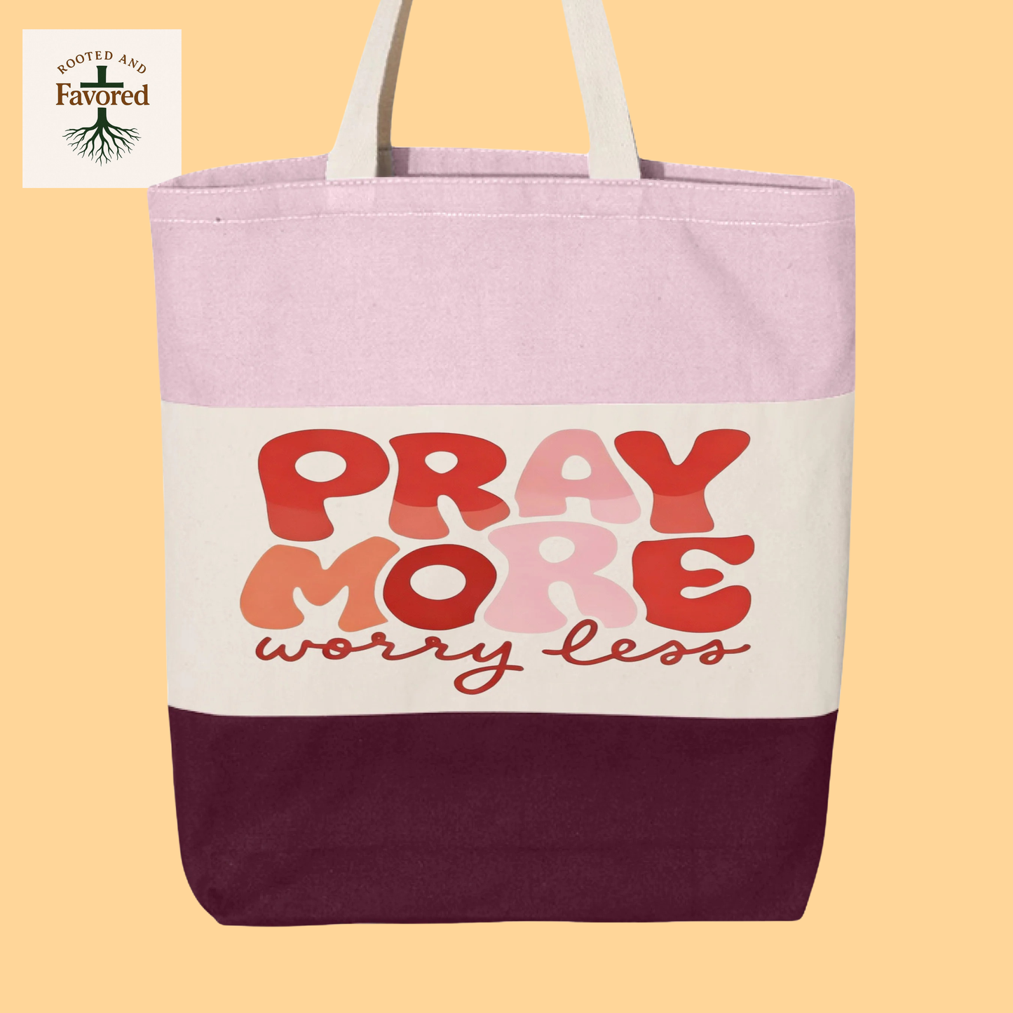 Q-Tees Tri-Color Tote Bag "Pray More Worry Less"