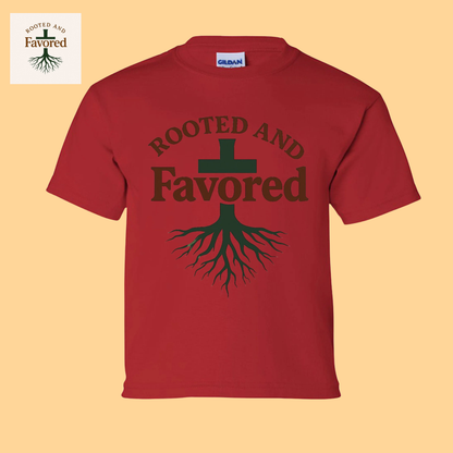 Boys Gildan Youth Ultra Cotton T-shirt "Rooted And Favored"
