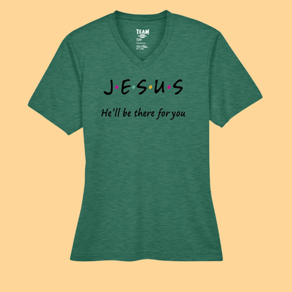 Sonic Heather Performance V Neck T-Shirt "Jesus-He Will Be There For You"