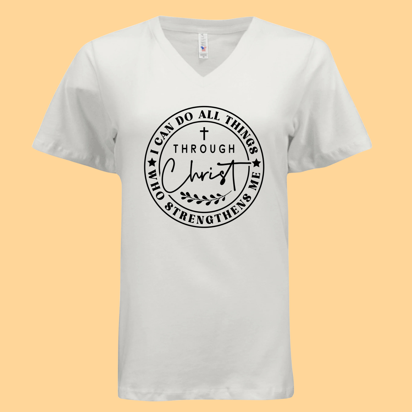 Women's Relaxed Jersey Short-Sleeve V-Neck T-Shirt "I Can Do All Things Through Christ Who Strengthens Me"