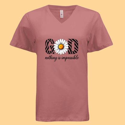 Ladies Bella Relaxed Jersey Short Sleeve V-Neck T-Shirt "God.. Nothing Is Impossible"