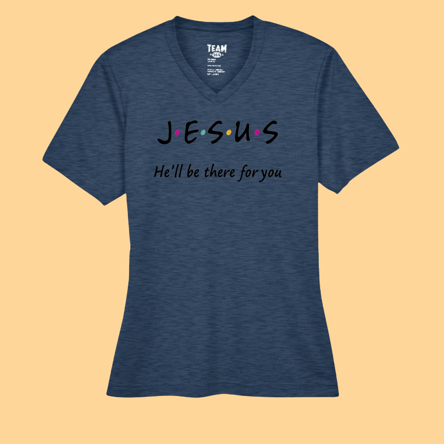 Sonic Heather Performance V Neck T-Shirt "Jesus-He Will Be There For You"
