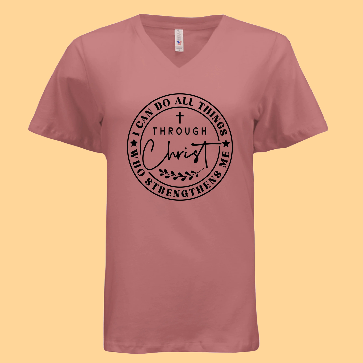 Women's Relaxed Jersey Short-Sleeve V-Neck T-Shirt "I Can Do All Things Through Christ Who Strengthens Me"