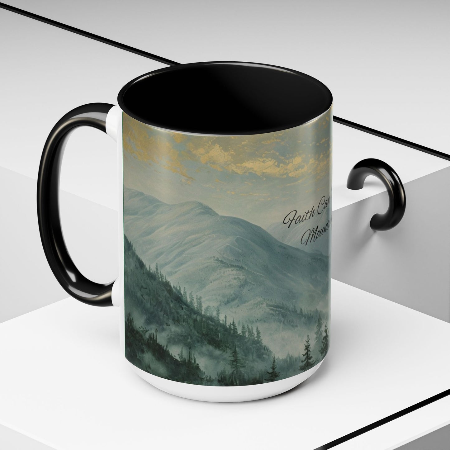Inspirational Mountain Coffee Mug with 'Faith Can Move Mountains'