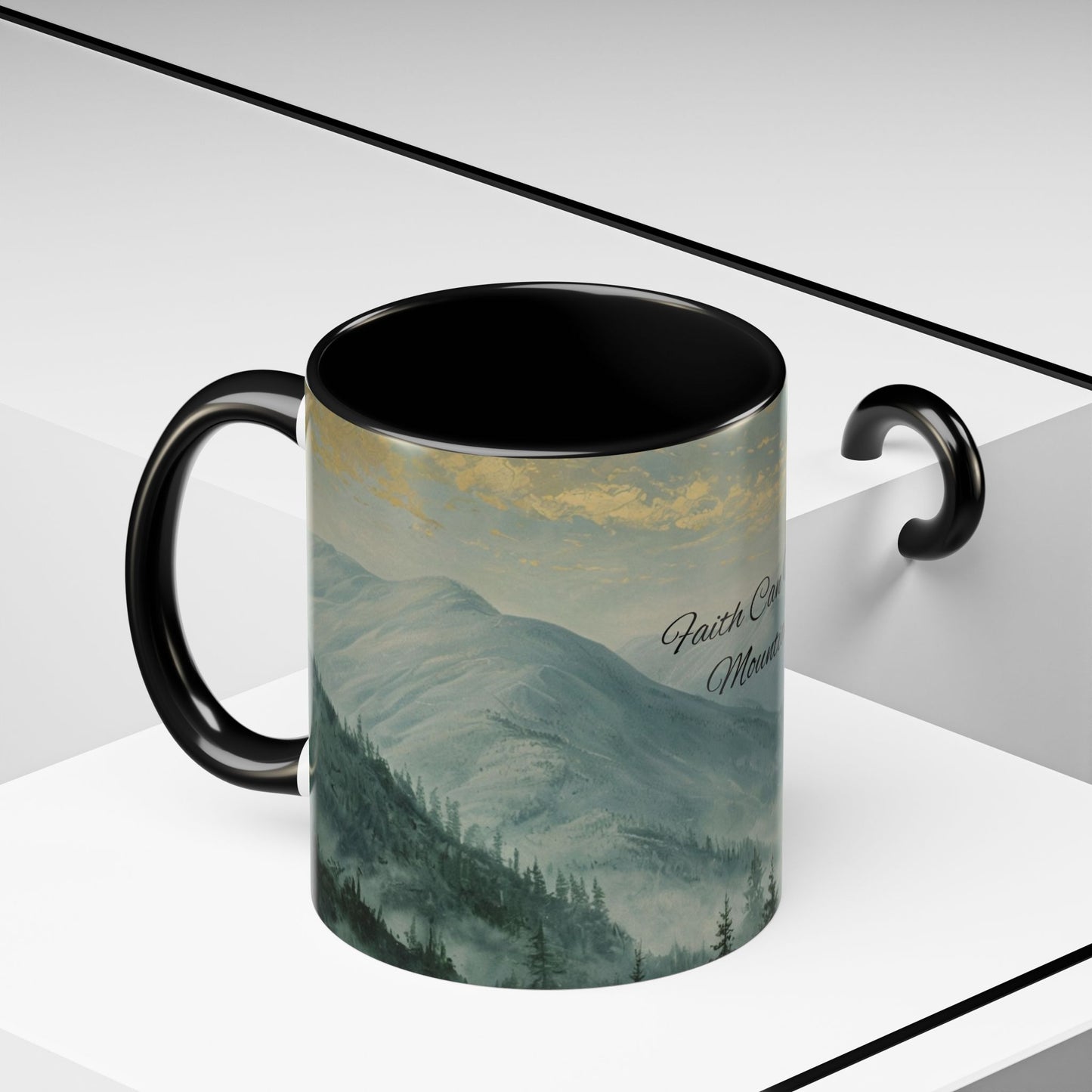 Inspirational Mountain Coffee Mug with 'Faith Can Move Mountains'